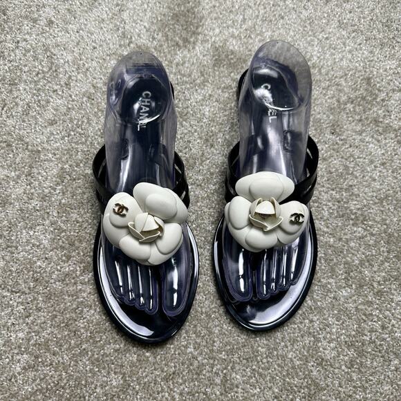 Chanel Camellia Flip Flops – Black & White Floral Thong Sandals 41 - Picture 1 of 11